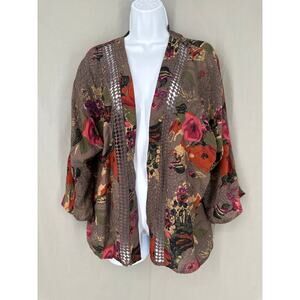 Soft Surroundings Kimono Topper Womens XS Brown Floral Crochet Boho Cottage